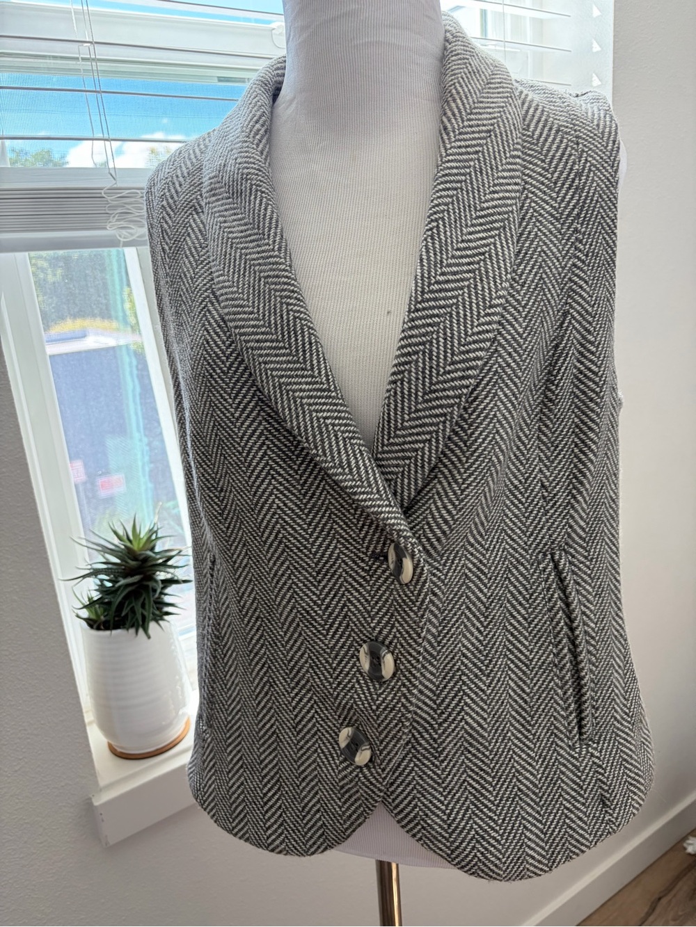 Grey and White Herringbone Wool Vest